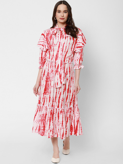 

Twenty3 Women Red & White Tie and Dye Tie-Up Neck Midi Dress