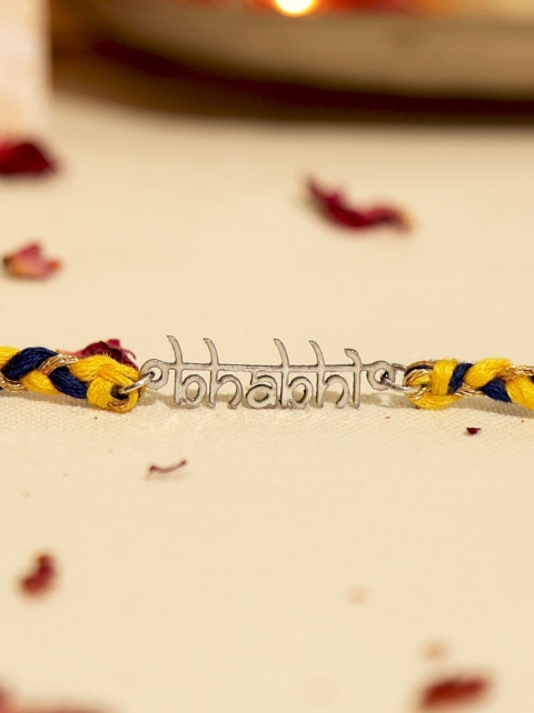 

Pipa Bella Men Silver-Plated Yellow & Blue Stainless Steel Indi Script Bhabhi Rakhi