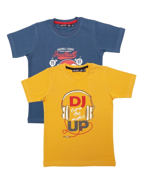 

Pothys Boys Pack of 2 Blue and Mustard Yellow Graphic Printed T-shirts