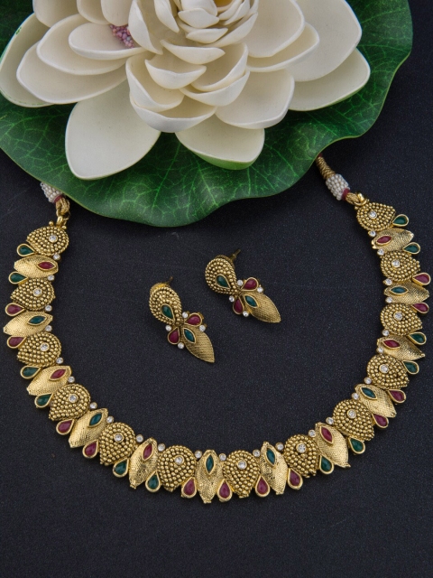 

Alankruthi Gold-Plated Pink & Green Stone-Studded Spear Cut Temple Jewellery Set