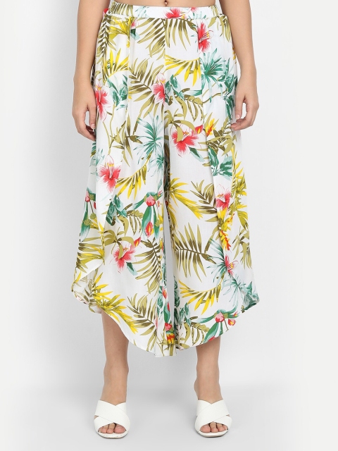 

IX IMPRESSION Women White & Fuchsia Floral Printed Flared Cropped Palazzos