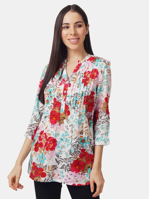 

IX IMPRESSION Women White & Red Floral Printed Mandarin Collar A-Line Top