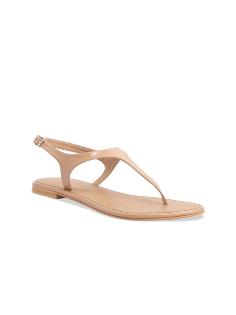 

ERIDANI Women Beige Striped T-Strap Flats with Buckles