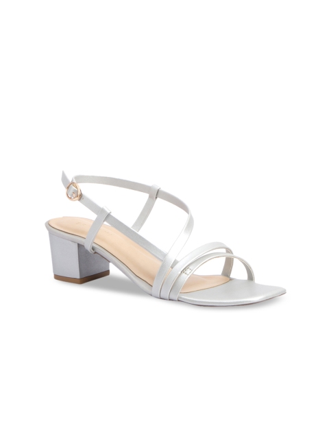

ERIDANI Silver-Toned Textured Block Sandals with Buckles