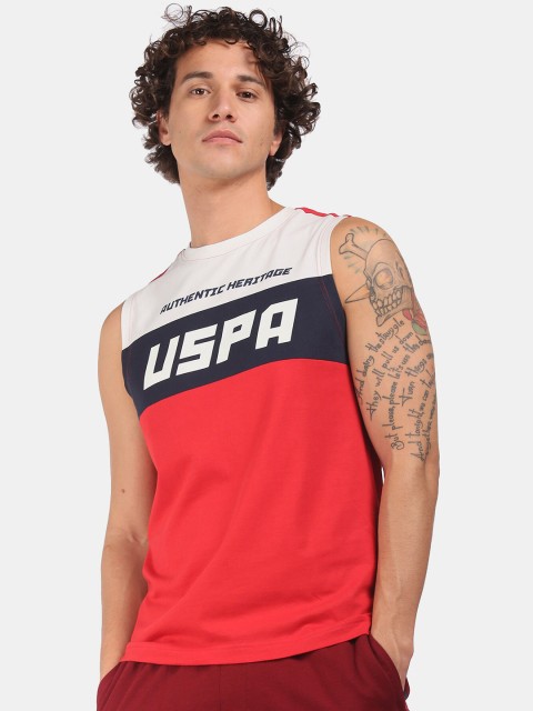 

U S Polo Assn Men Red & White Colourblocked with Typography Details Pure Cotton T-shirt