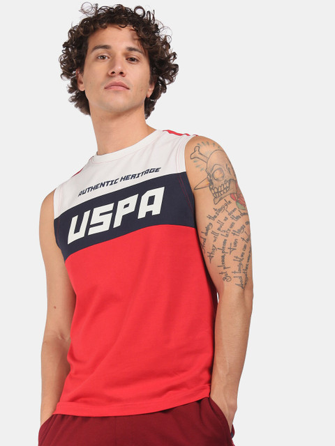 

U S Polo Assn Men Red & White Colourblocked with Typography Detail Pure Cotton T-shirt