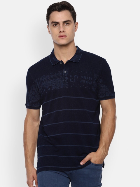 

Louis Philippe Jeans Men Navy Blue Striped Polo Collar Slim Fit Pure Cotton T-shirt