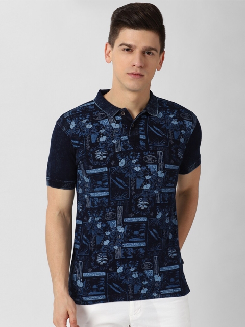 

Peter England Casuals Men Navy Blue Floral Polo Collar Slim Fit Pure Cotton T-shirt