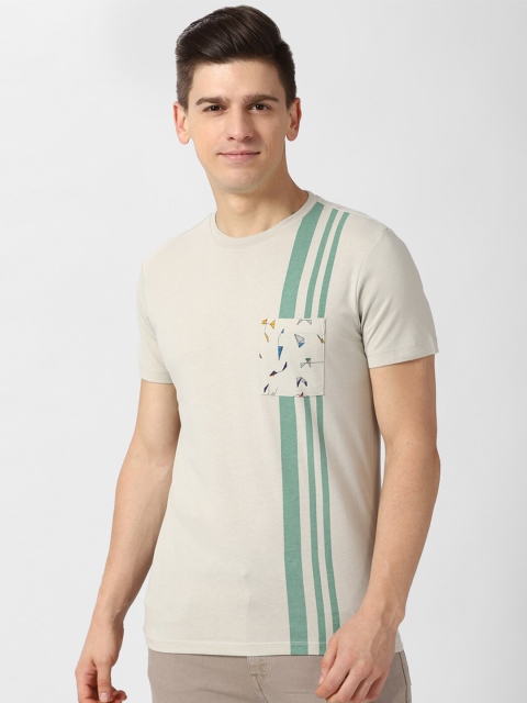 

Peter England Casuals Men Cream-Coloured Striped Pockets Slim Fit T-shirt