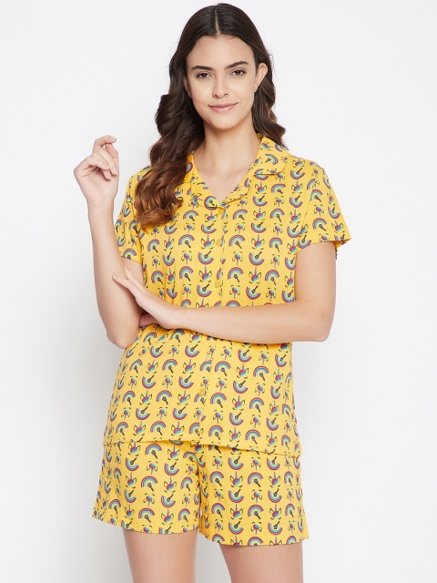 

Clovia Women Yellow Printed Button Down Shirt & Shorts Set