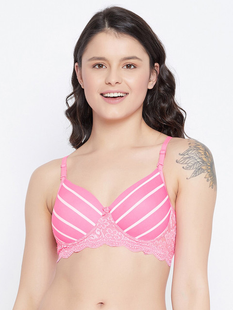 

Clovia Pink & White Striped Non-Wired Full Coverage T-shirt Bra