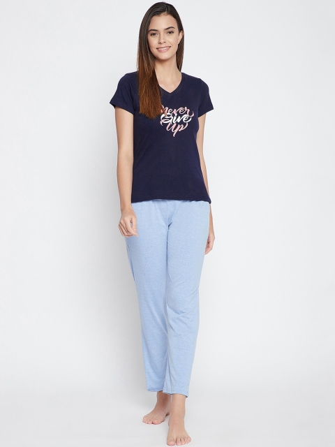 

Clovia Women Navy Blue Basic Pyjama & Printed T-shirt Set