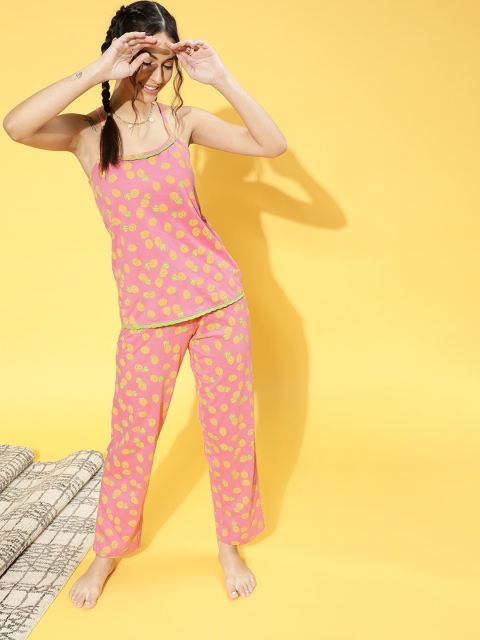 

Clovia Women Pink Printed Pure Cotton Cami Top & Pyjama Night suit