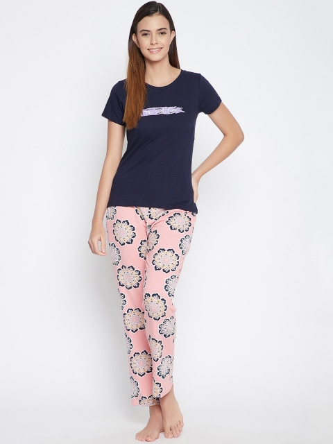 

Clovia Women Navy Blue & Pink Cotton Florals Pyjama & Printed T-shirt Set