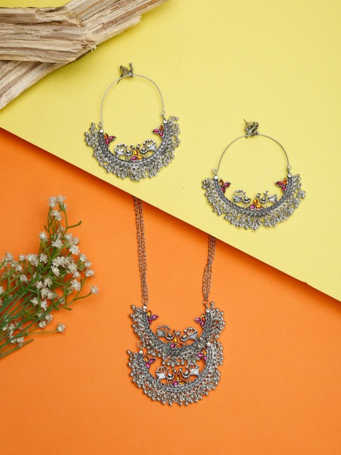 

NEUDIS Oxidized Silver-Plated Orange & Pink Stone-Studded Jewellery Set