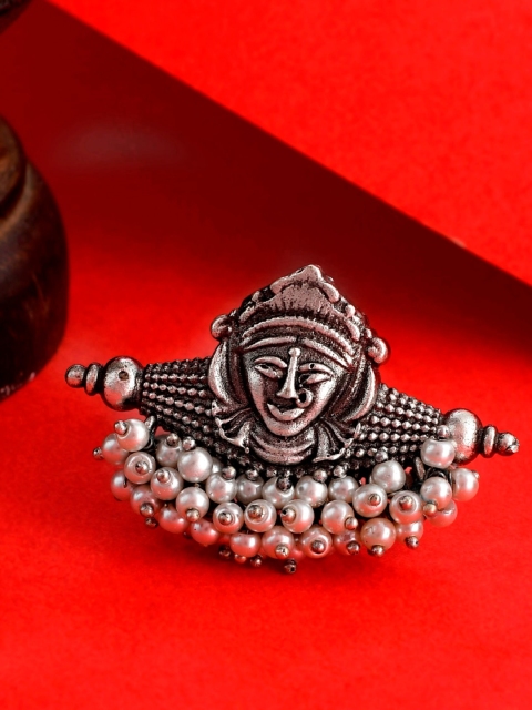 

Infuzze Women Oxidised Silver-Plated Off-White Pearl-Studded Finger Ring
