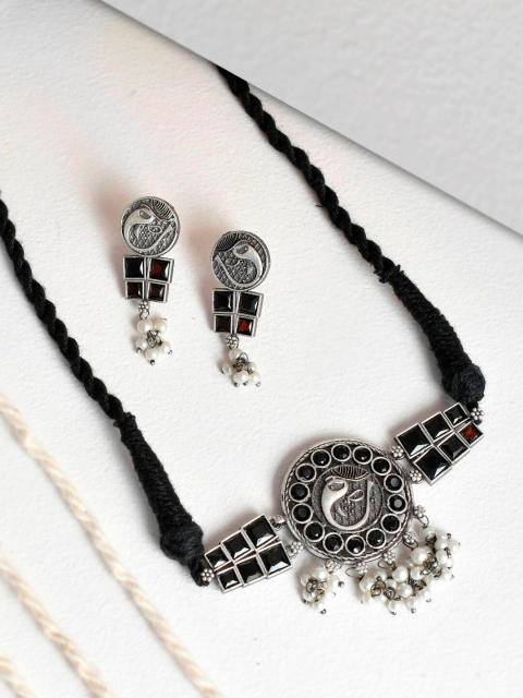 

Infuzze Oxidized Silver-Plated Black & White Stone-Studded Beaded Jewellery Set