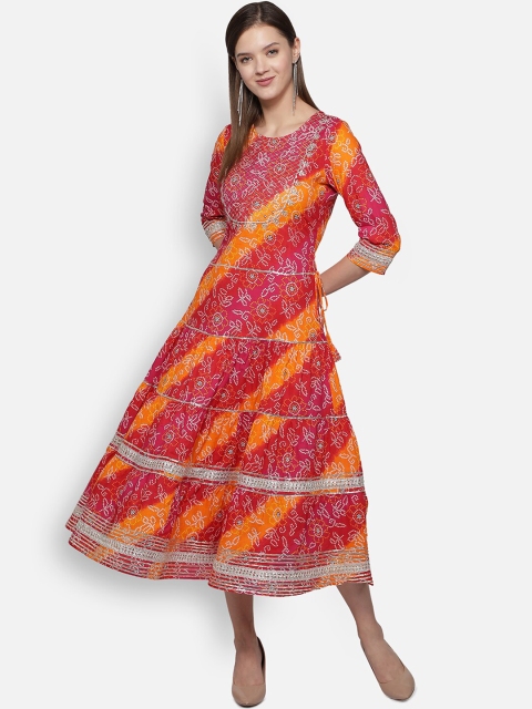 

Dipsha Red & Yellow Printed Pure Cotton Sequined A-Line Midi Dress
