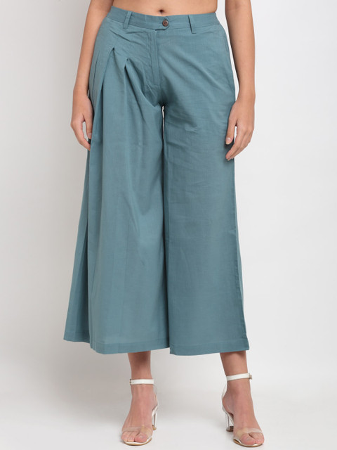 

Ekmatra Women Teal Green Loose Fit Pleated Culottes Trousers
