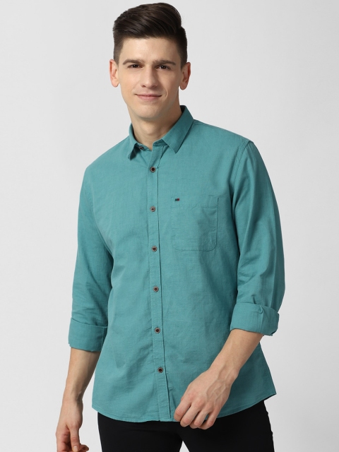 

Peter England Casuals Men Sea Green Slim Fit Opaque Cotton Linen Casual Shirt