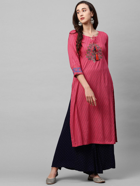 

FASHOR Women Pink & Blue Ethnic Motifs Screen Printed Thread Work Kurta
