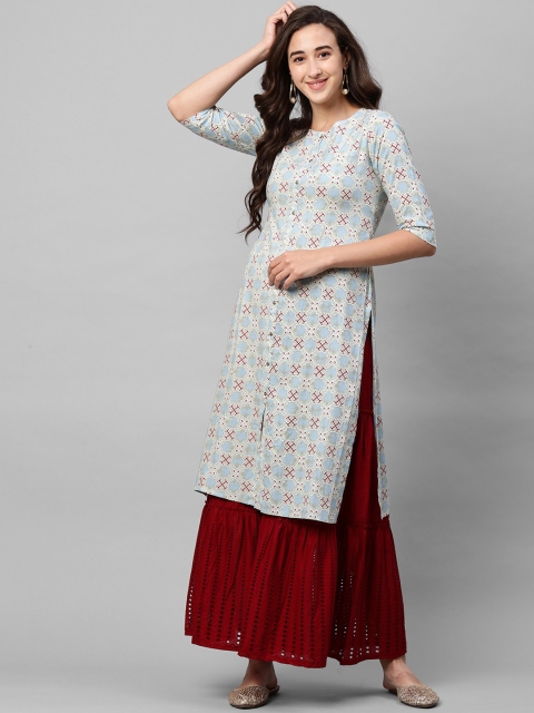 

FASHOR Women Blue & Cream-Coloured Floral ScreenPrinted Kurta