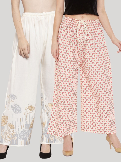 

Clora Creation Women Pack Of 2 Red & White Floral Printed Flared Knitted Palazzos