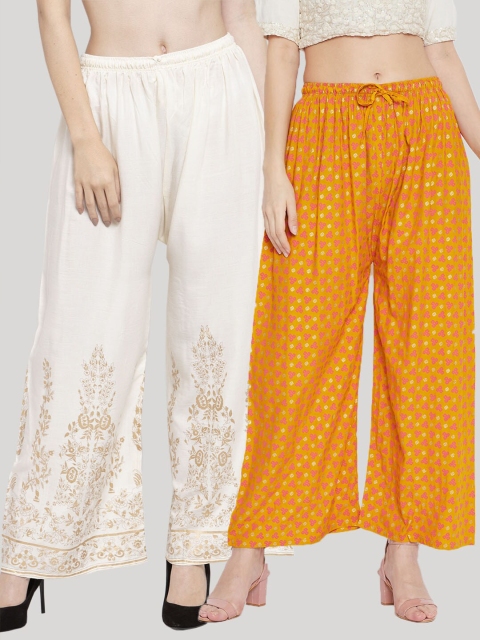 

Clora Creation Pack of 2 Women Mustard Yellow & Cream Ethnic Motifs Printed Palazzos