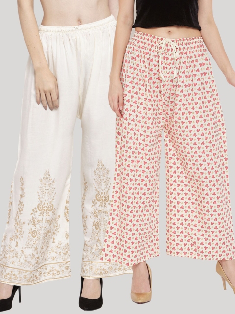 

Clora Creation Pack of 2 Women Cream & Pink Ethnic Motifs Printed Knitted Palazzos