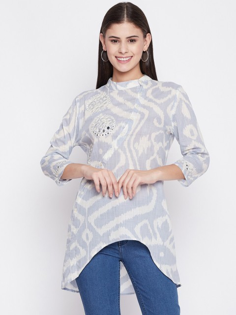 

Ruhaans Women Pure Cotton Blue & White Mandarin Collar Embroidered Tunic