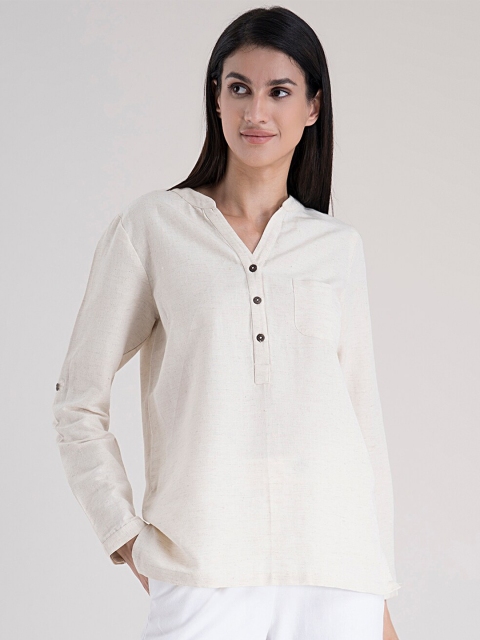 

FableStreet Beige Mandarin Collar Roll-Up Sleeves Shirt Style Top