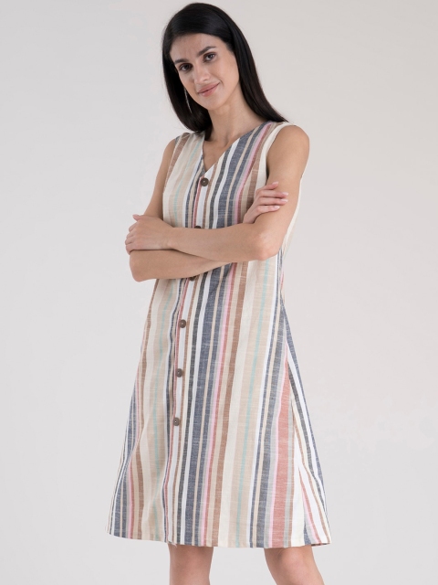 

FableStreet Beige & Blue Striped A-Line Dress