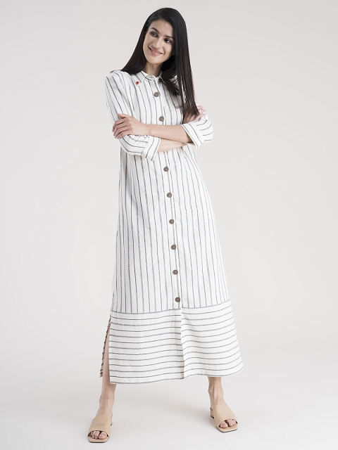 

FableStreet Off White & Black Striped Shirt Maxi Dress