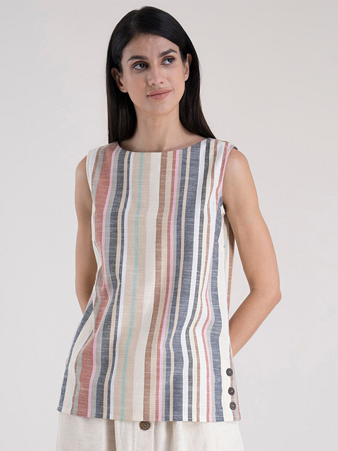 

FableStreet Beige & Brown Striped Regular Top