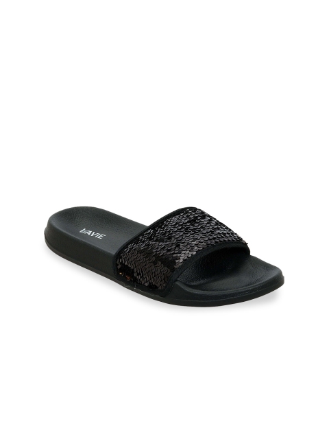 

Lavie Women Black & Gunmetal-Toned Embellished Sliders