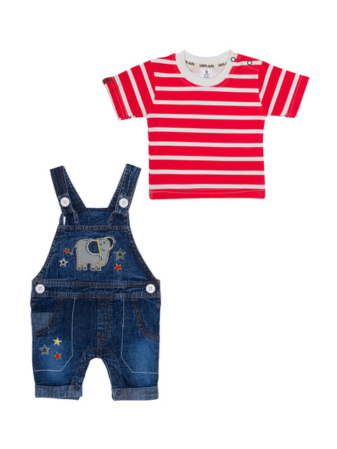 

Little Folks Infant Boys Blue & Red Solid Straight-Leg Pure Cotton Denim Dungarees
