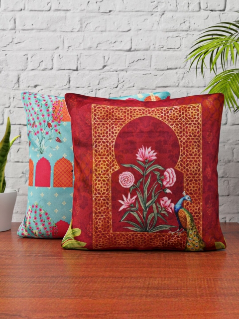 

HAPPY HUES Red & Turquoise Blue Set of 2 Ethnic Motifs Reversible Velvet Cushion Covers