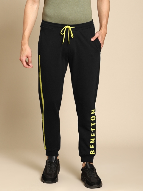 

United Colors of Benetton Men Black & Lime Green Cotton Brand Logo Print Joggers