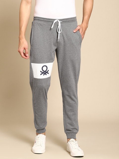 

United Colors of Benetton Men Charcoal Grey & White Brand Logo Print Joggers