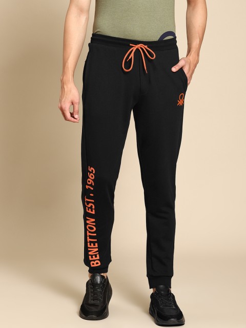 

United Colors of Benetton Men Black & Orange Cotton Brand Logo Print Joggers