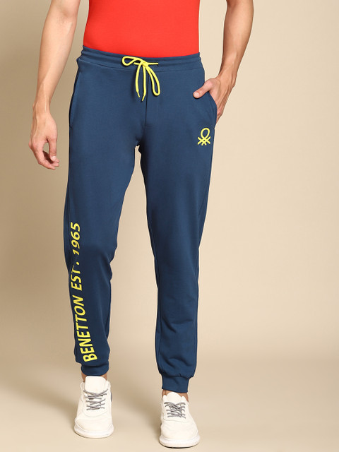 

United Colors of Benetton Men Navy Blue & Yellow Cotton Brand Logo Print Joggers