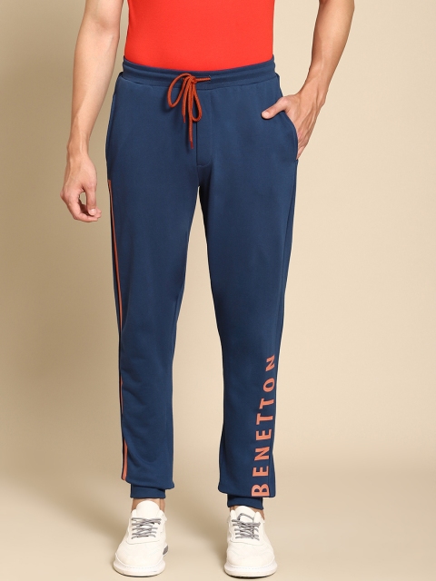 

United Colors of Benetton Men Navy Blue & Orange Cotton Brand Logo Print Joggers