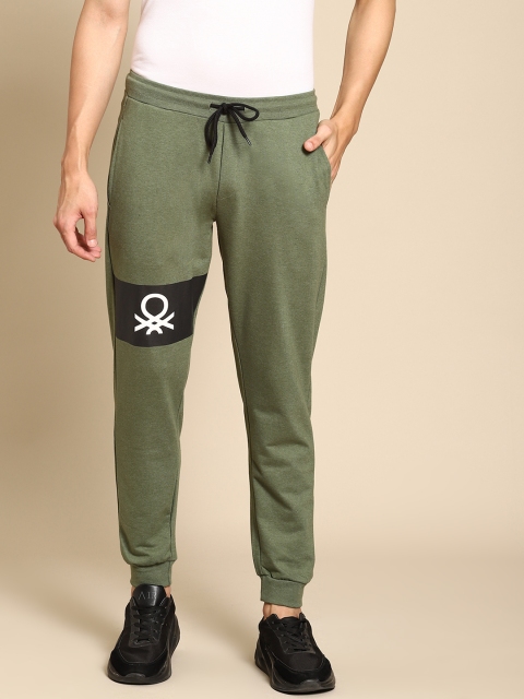 

United Colors of Benetton Men Olive Green & Black Brand Logo Print Joggers