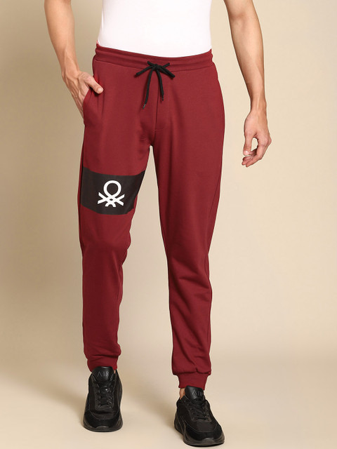 

United Colors of Benetton Men Maroon Cotton Brand Logo Print Joggers