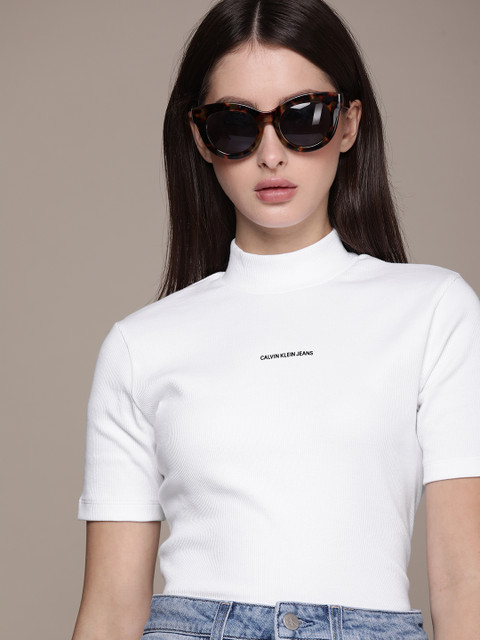 

Calvin Klein Jeans Women White High Neck Slim Fit T-shirt