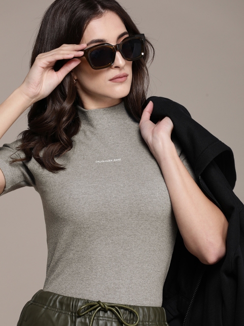 

Calvin Klein Jeans Women Grey & White Brand Logo Printed High Neck Ribbed Slim Fit T-shirt