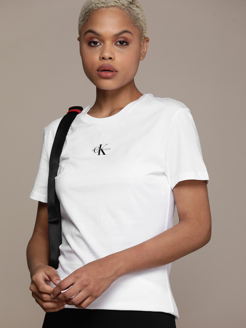 

Calvin Klein Jeans Women White Brand Logo Slim Fit Pure Cotton T-shirt