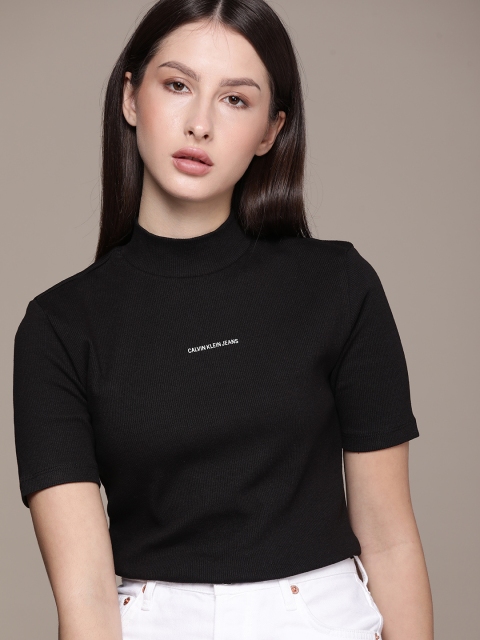 

Calvin Klein Jeans Women Black High Neck Slim Fit T-shirt