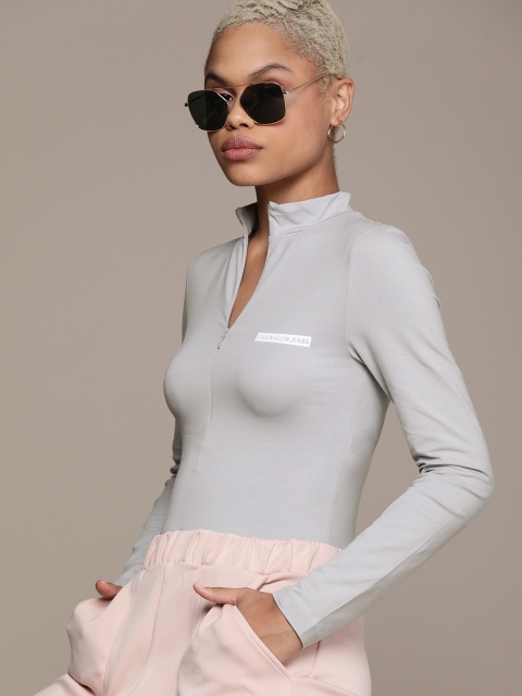 

Calvin Klein Jeans Women Grey Brand Logo Printed High Neck Slim Fit T-shirt