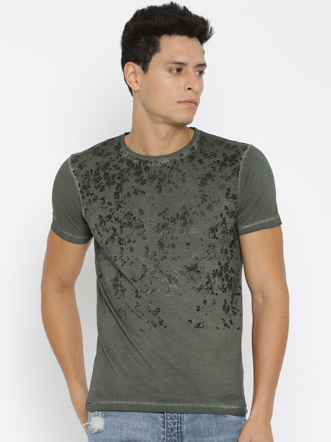 

SPYKAR Men Charcoal Grey Floral Printed Round Neck T-shirt